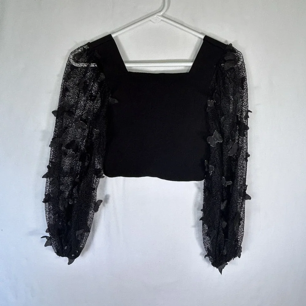 Intimately Free People Flutter Crop Top 3D Butterfly Black Sleeve Blouse Sz S